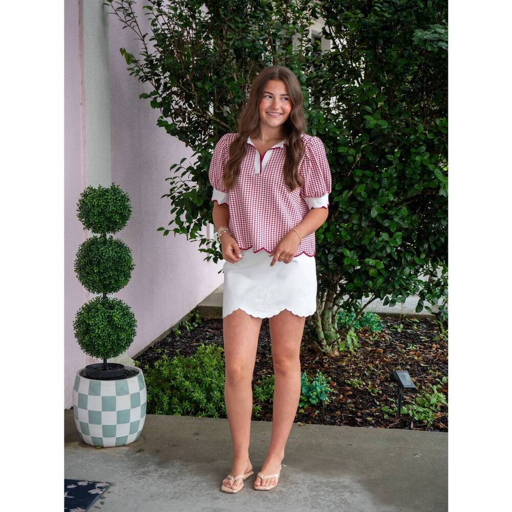 NEW ENTRO fresh picked gingham scallop blouse in red - Picture 3 of 5
